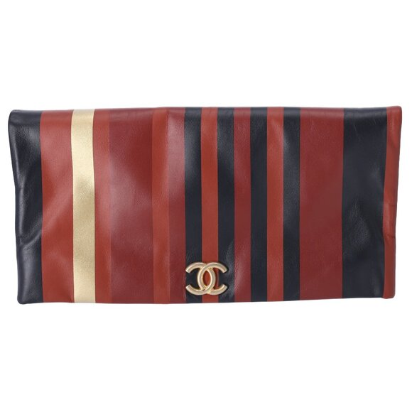 CHANEL Clutch Bag Brown Black Gold Burnt Red Stripe Leather - Picture 1 of 10